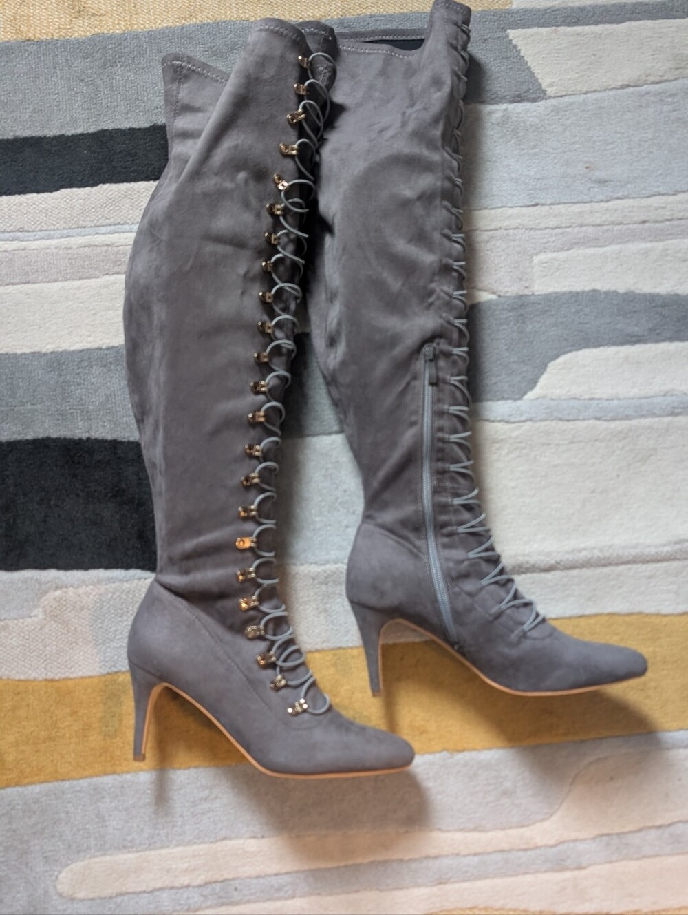 Gray Lace-Up Over-the-Knee Heeled Boots
